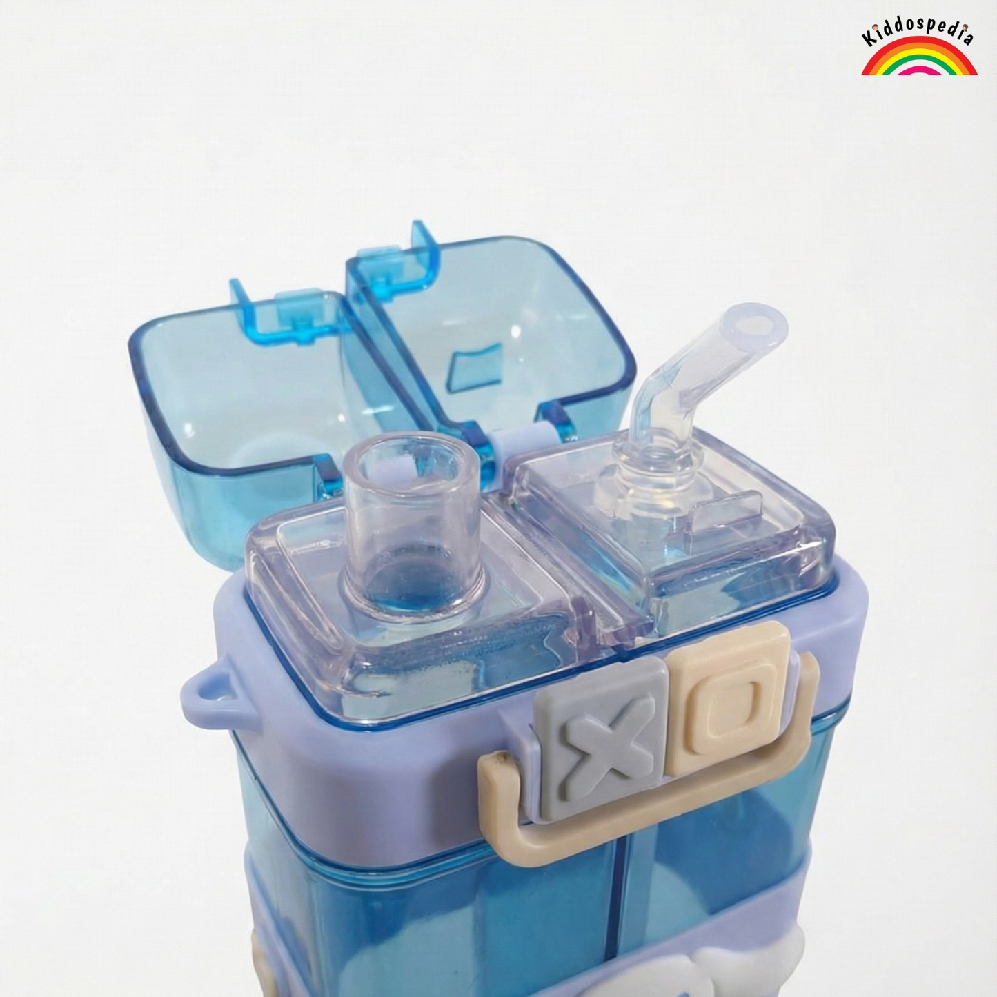 Blue and clear plastic container with a lid on a white background
