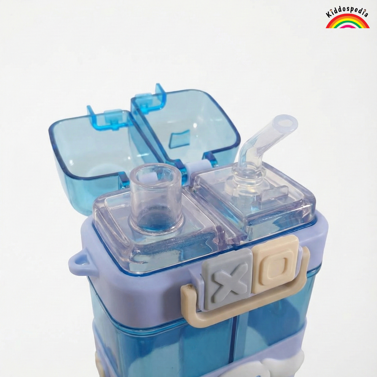 Blue and clear plastic container with a lid on a white background