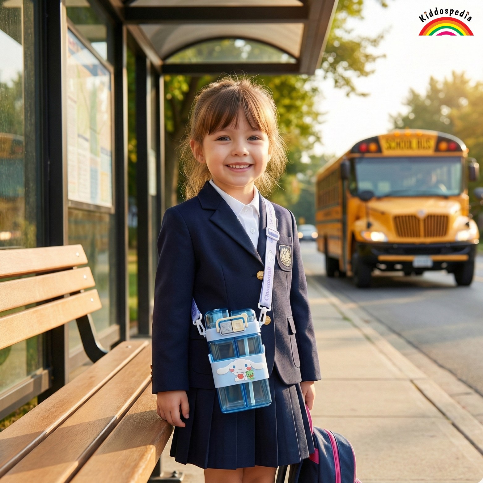 Young girl in a school uniform standing at a bus stop with a yellow school bus in the background.