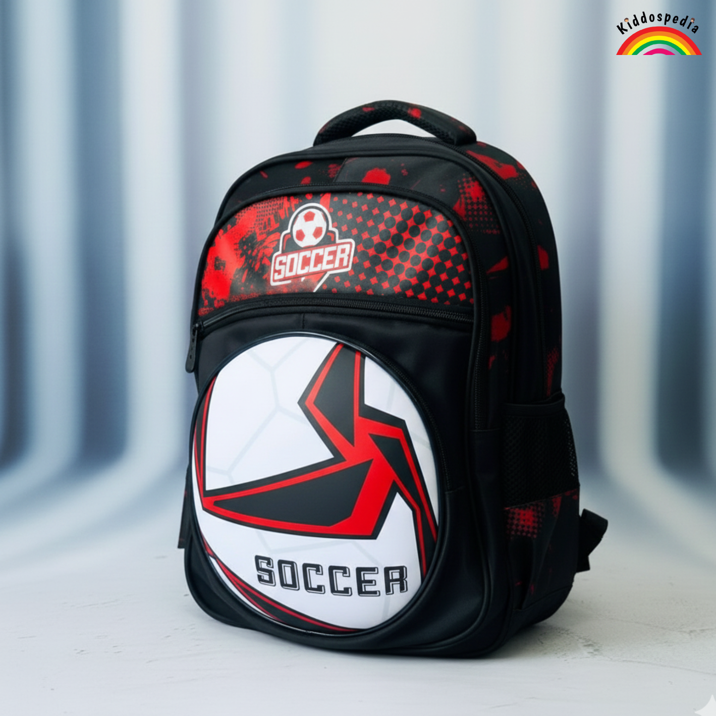 Black backpack with soccer ball design and 'Soccer' text on a gray background