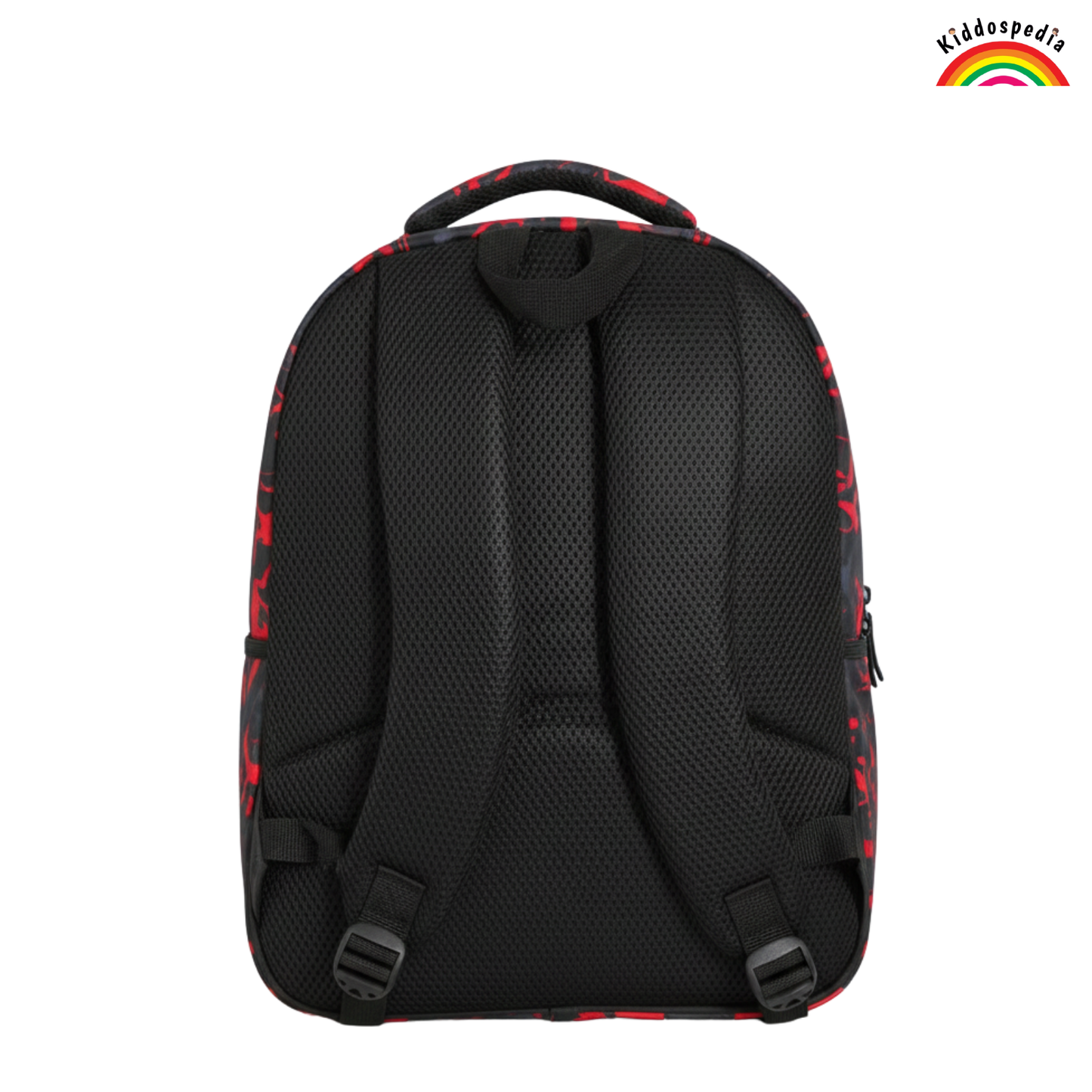Black backpack with red accents on a white background, featuring the Kiddospedia logo.
