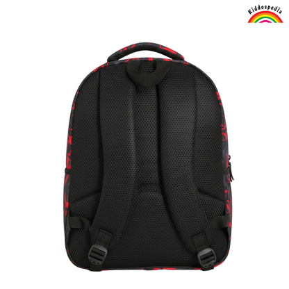 Black backpack with red accents on a white background, featuring the Kiddospedia logo.