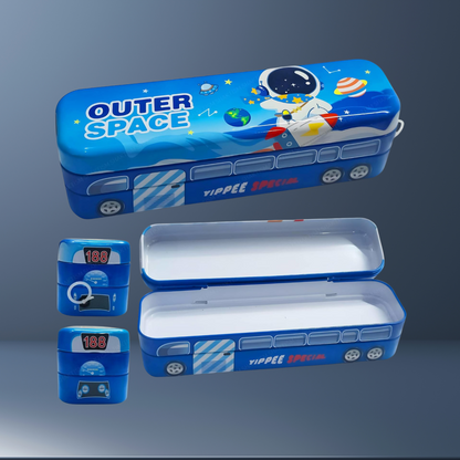 Space School Combo - Bus Pencil Box + Space Pen + Pencil + Donut Eraser - Kiddospedia