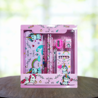 Unicorn-themed stationery set for kids including pencils, erasers, ruler, and sharpener – Kiddospedia