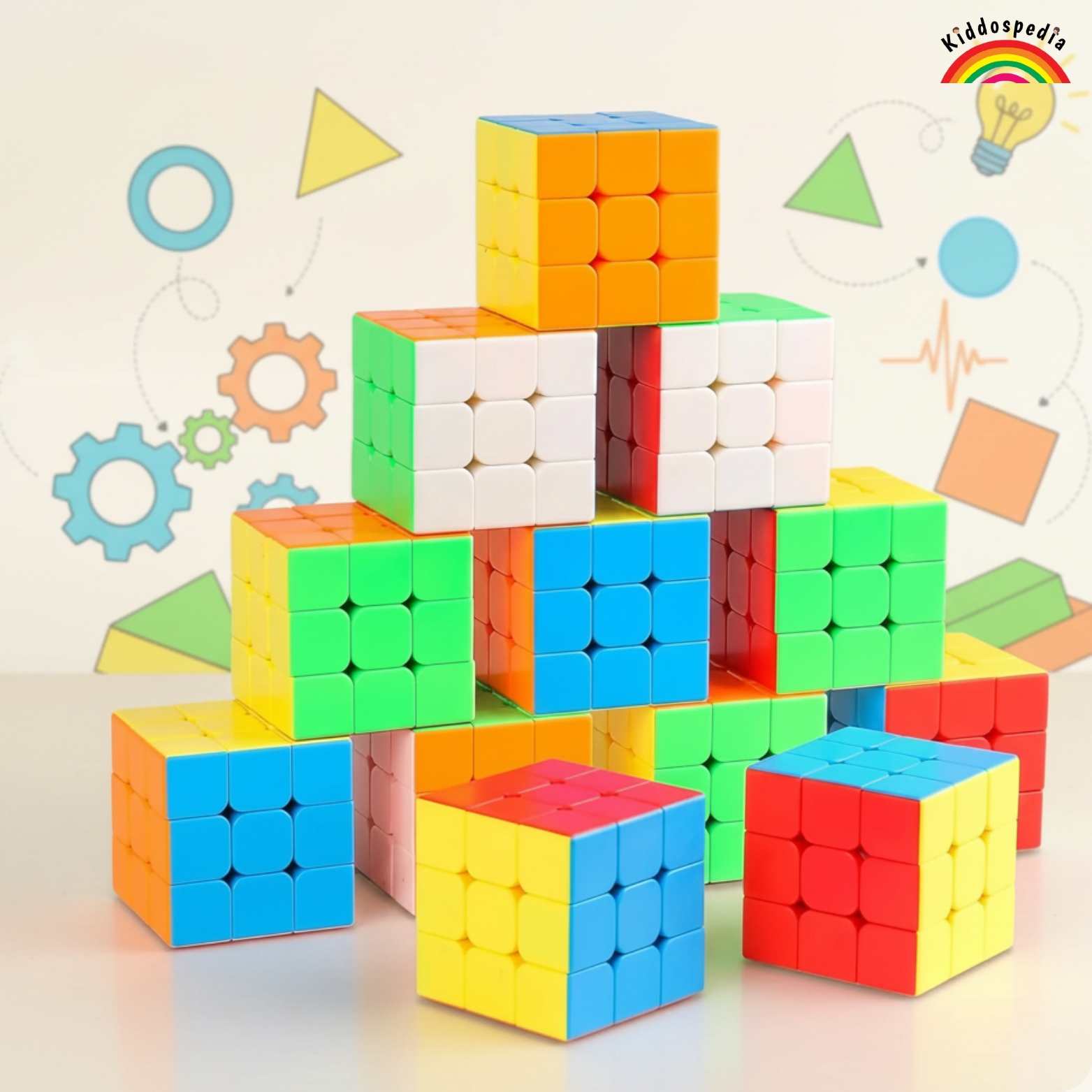 Colorful Rubik's cube-like puzzles stacked on a light background with educational illustrations.