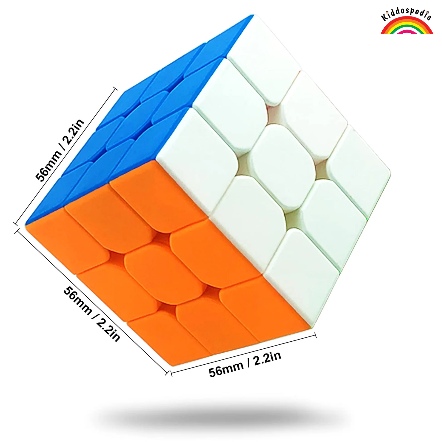 Three-dimensional Rubik's Cube with dimensions labeled on a white background
