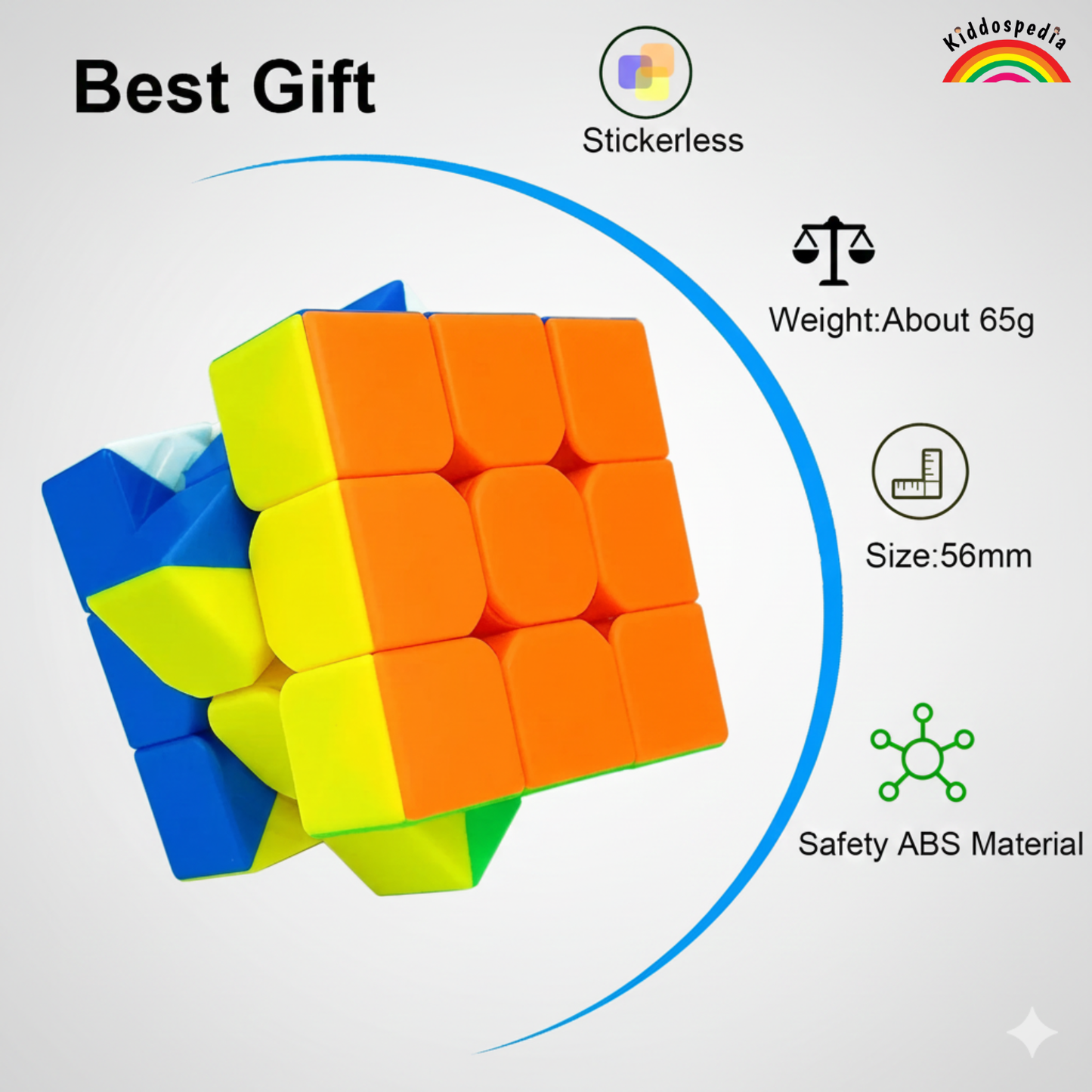 Colorful Rubik's cube with product features on a white background