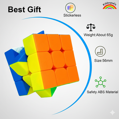 Colorful Rubik's cube with product features on a white background