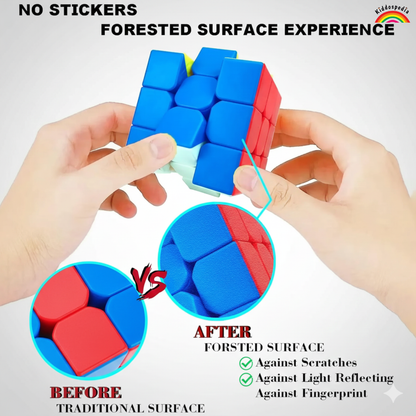 Hands holding a Rubik's Cube with text about forested surface experience and no stickers.