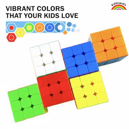 Colorful Rubik's cube puzzles with vibrant colors on a white background, featuring the Kiddospedia brand.