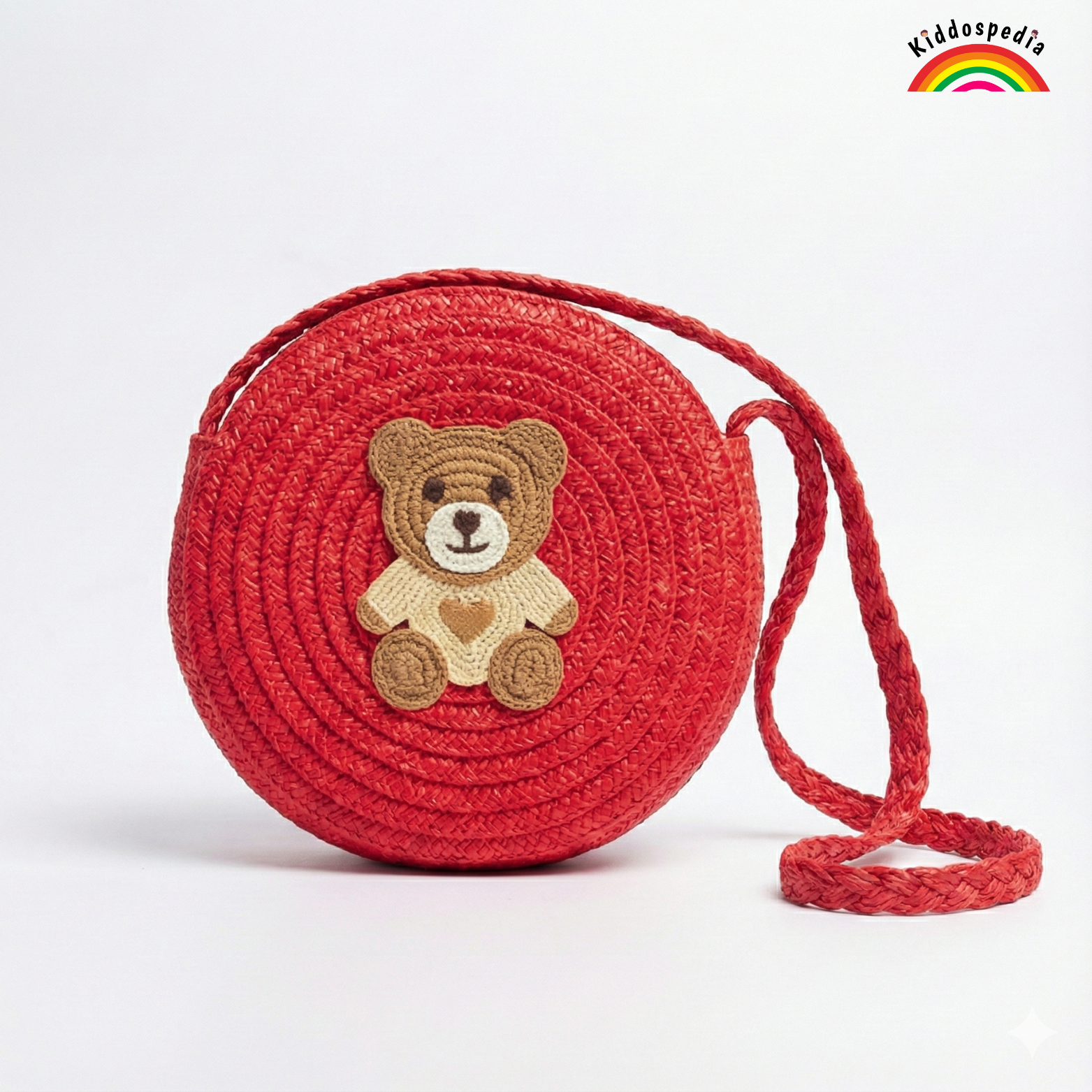 Red round woven bag with a teddy bear design on a white background