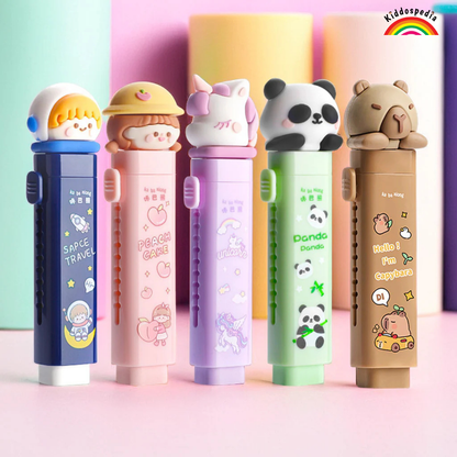 Five colorful stationery items with animal-themed designs on a pastel background.