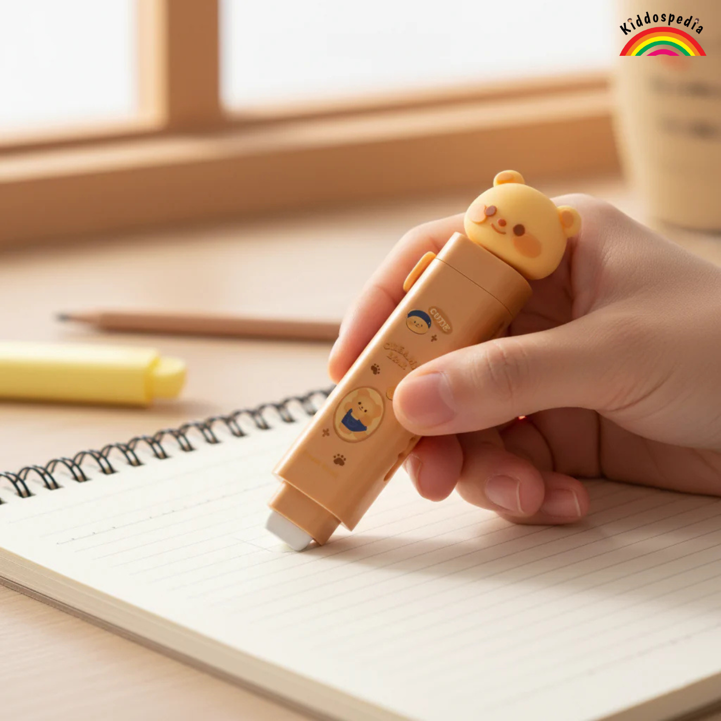 Hand holding a cute cartoon-themed eraser over a notebook with a rainbow and 'Kiddospedia' logo in the corner.