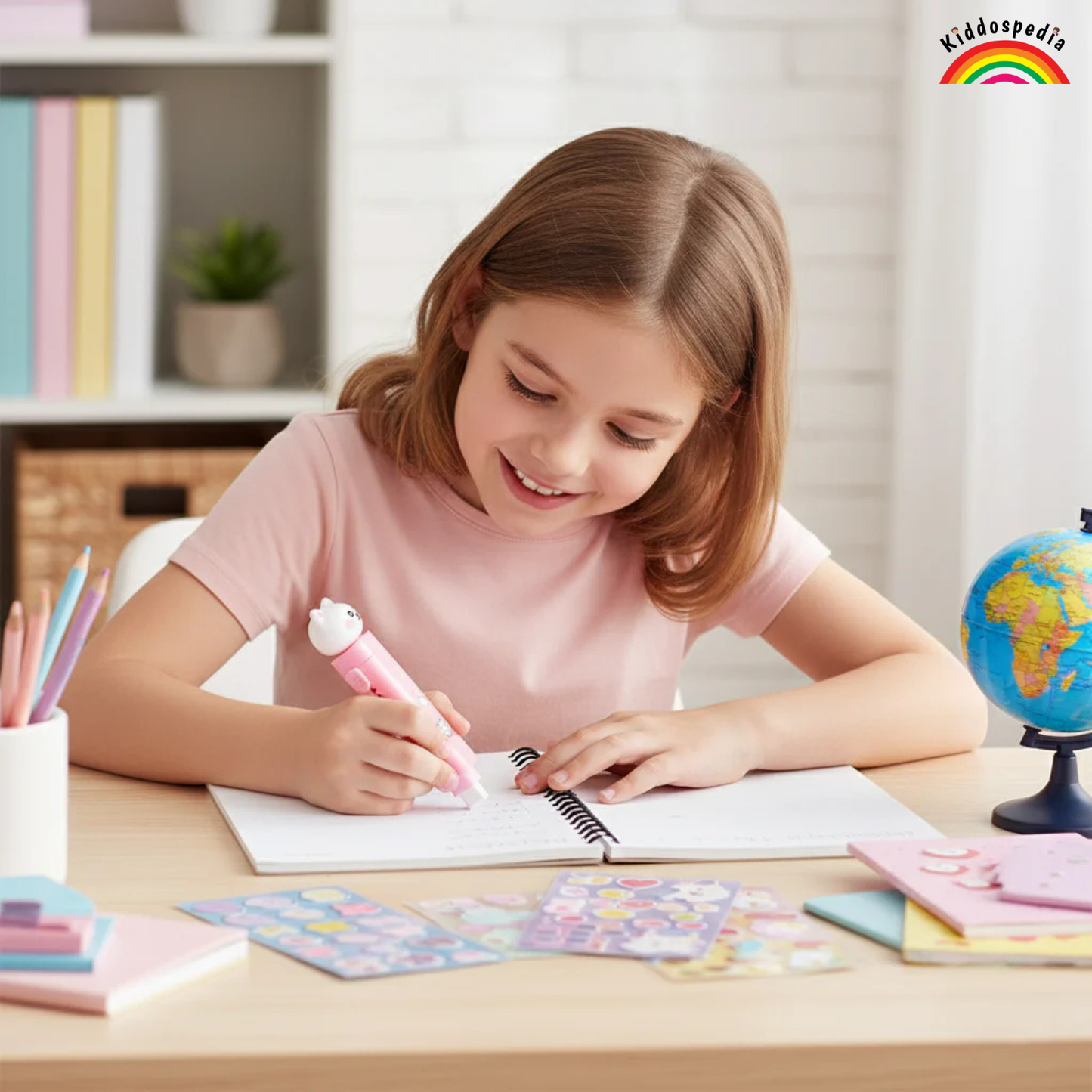 Young girl writing in a notebook with colorful stationery on a desk, smiling.