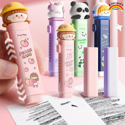 Set of colorful stationery items with cartoon characters on a pink background