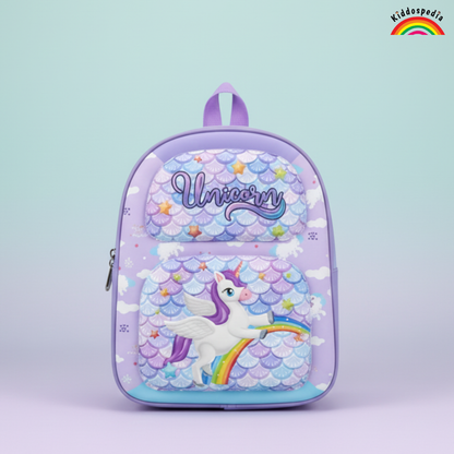 Backpack with unicorn design on a light purple background