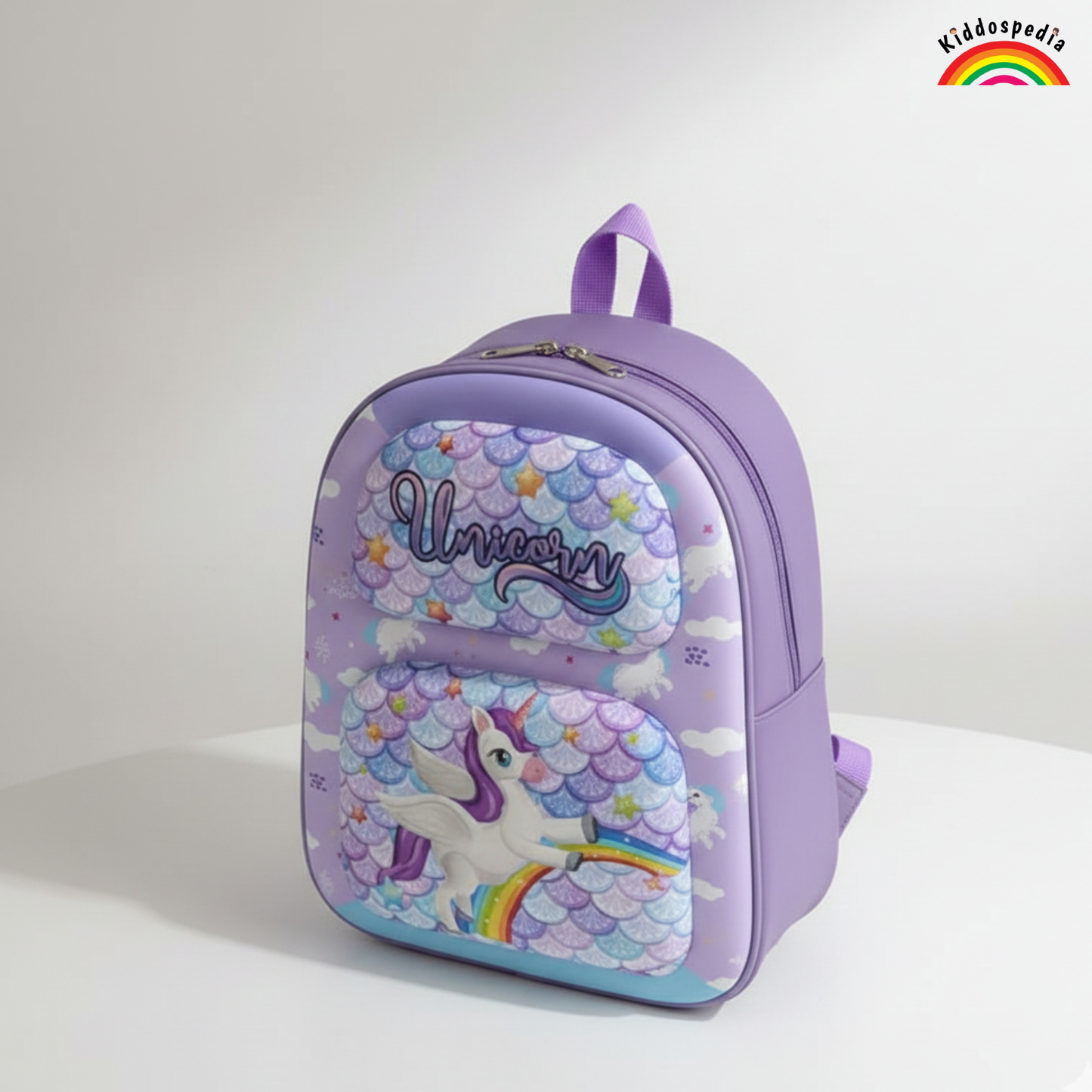 Purple backpack with unicorn design on a white background