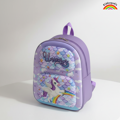 Purple backpack with unicorn design on a white background