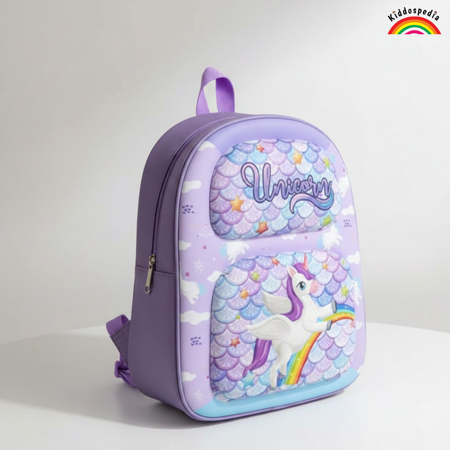 Purple backpack with unicorn design on a white background