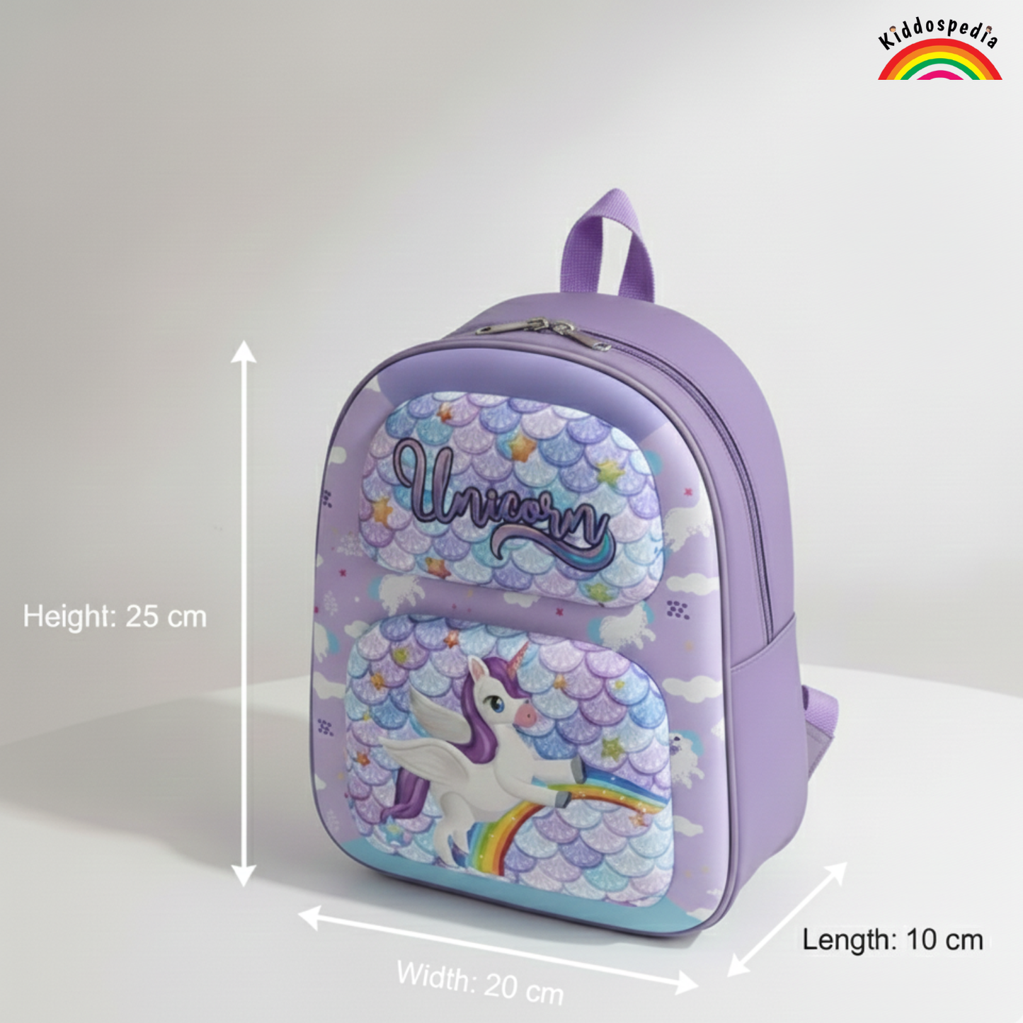 Purple unicorn-themed backpack with measurements on a white background
