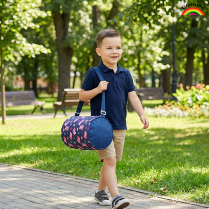 Child walking outdoors with a blue duffel bag in a park