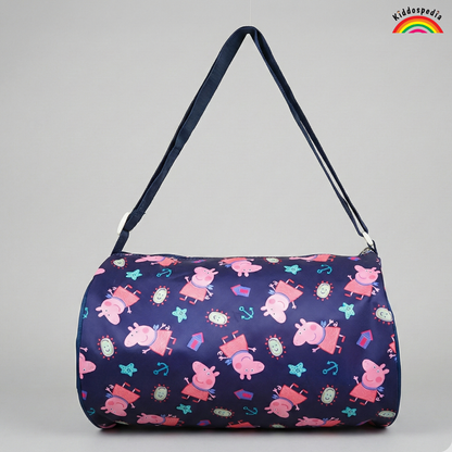 Navy blue bag with pink cartoon characters on a gray background