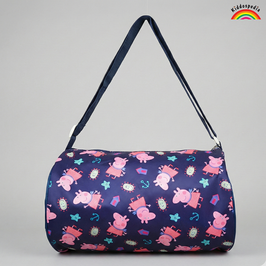 Navy blue bag with pink cartoon characters on a gray background