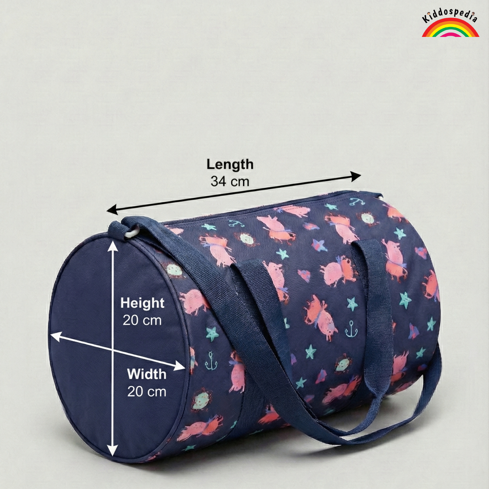 Navy blue duffel bag with pink pig pattern and measurements on a light gray background