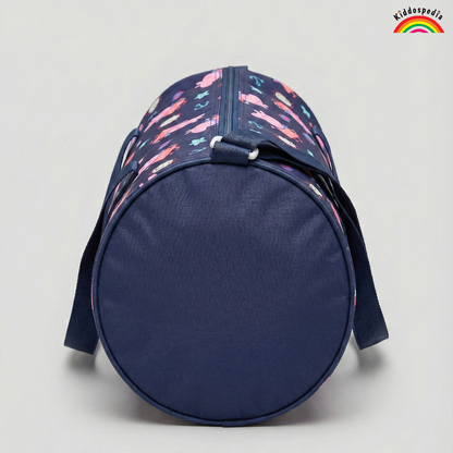 Navy blue duffel bag with colorful pattern on a light gray background