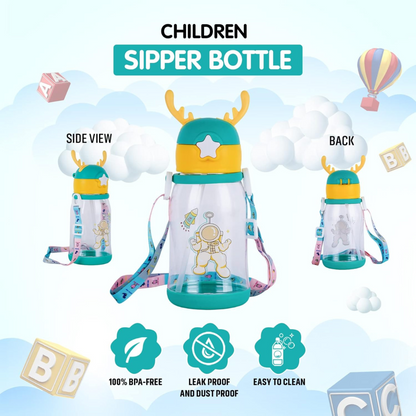 600ML Cartoon Kids Water Bottle with Straw and Strap – BPA-Free, Leakproof, Kiddospedia
